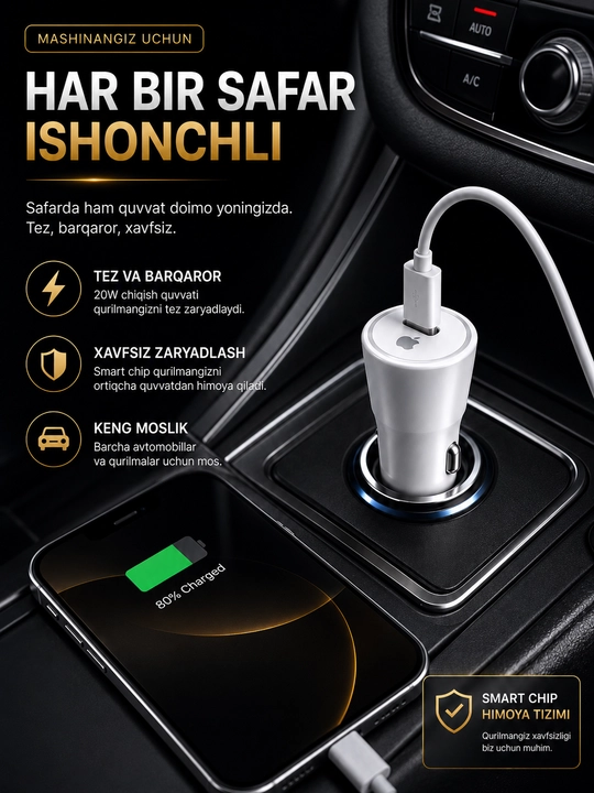 Avtomobil uchun USB zaryadlovchi — iPhone / Samsung
