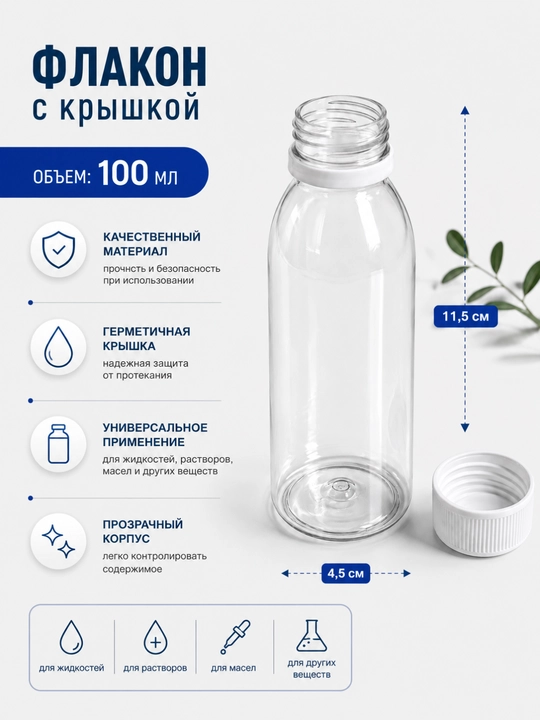 Флакон пластиковый прозрачный 50 и 100 мл с крышкой для жидкостей, косметики и хранения - 