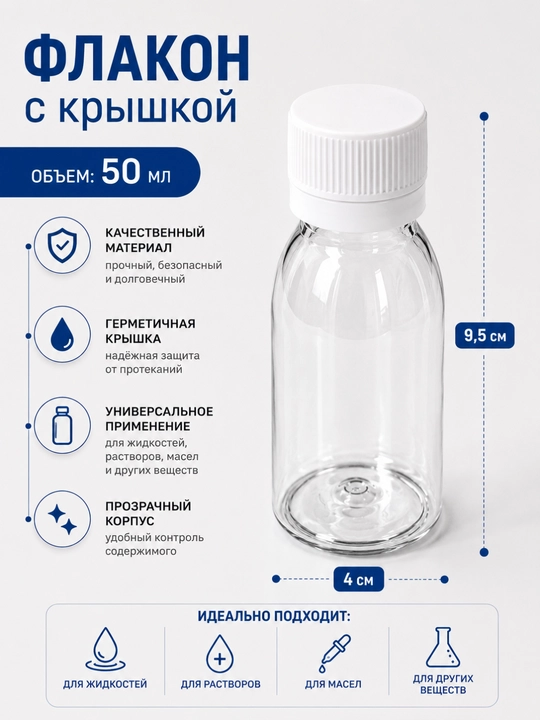 Suyuqliklar, kosmetika va saqlash uchun qopqoqli 50 va 100 ml hajmli shaffof plastik flakon