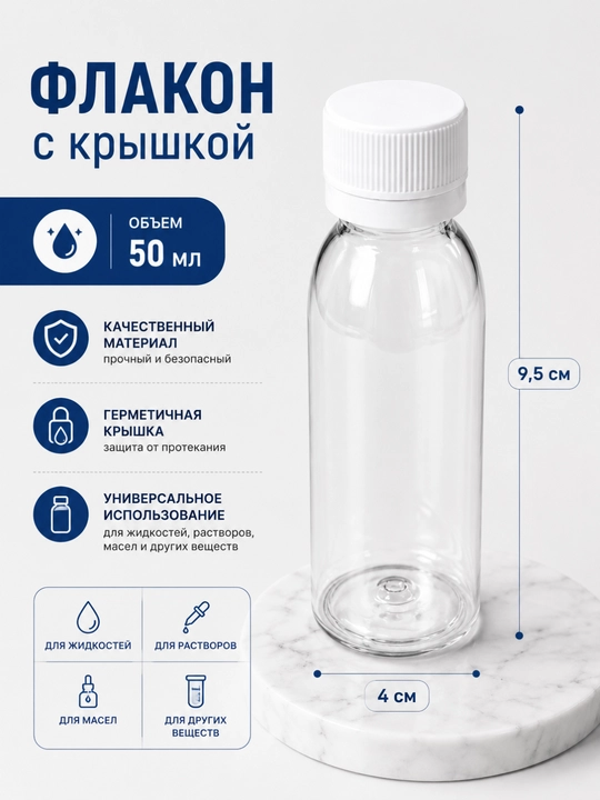 Suyuqliklar, kosmetika va saqlash uchun qopqoqli 50 va 100 ml hajmli shaffof plastik flakon