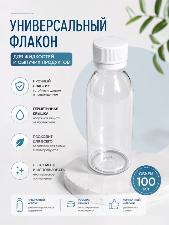 Флакон прозрачный пластиковый 50–100 мл с винтовой крышкой для косметики - 