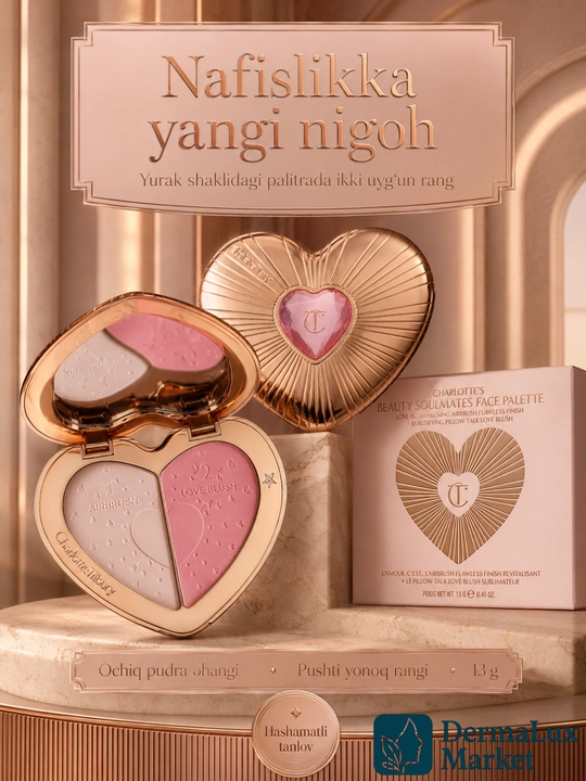 Beauty Soulmates yuz uchun rumyana, Ikki rangli blush palitra Charlotte Tilbury Love Blush
