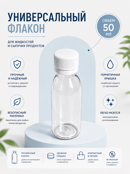 Флакон прозрачный пластиковый 50–100 мл с винтовой крышкой для косметики