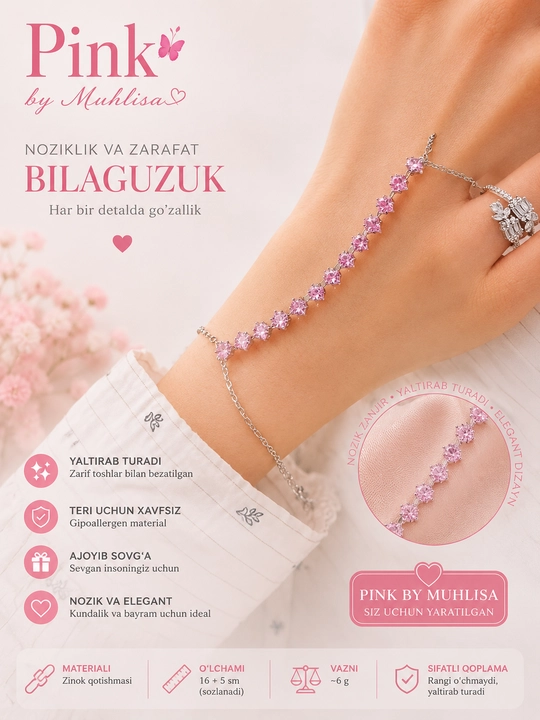 Pink by Muhlisa - pushti sirkon va oq marvarid bilan bezatilgan yengli bilaguzuk - 