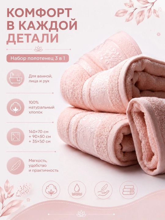 Sochiqlar to'plami 3 tasi 1 da, hammom, yuz va soch uchun, yumshoq va mayin