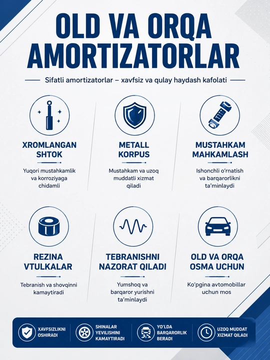 Avtomobil uchun old va orqa amortizatorlar, mustahkam moyli osma ustunlari to‘plami to‘liq