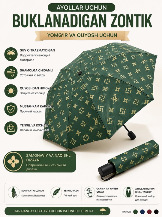 Ayollar uchun yig‘iladigan soyabon, yomg‘ir va quyosh uchun, shamolga chidamli - 