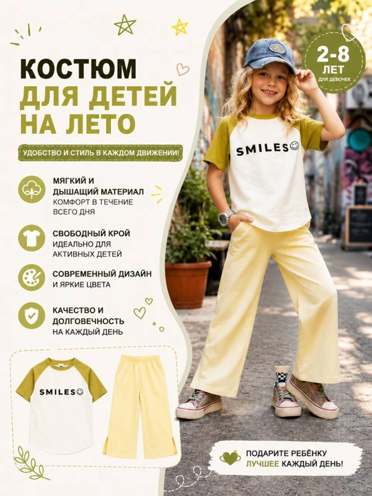 Qiz bolalar uchun SMILES futbolka va keng shim komplekti, paxtali yozgi 2 talik kiyim - 