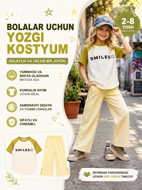 Комплект SMILES для девочек, футболка и широкие брюки, хлопковый костюм 2 предмета