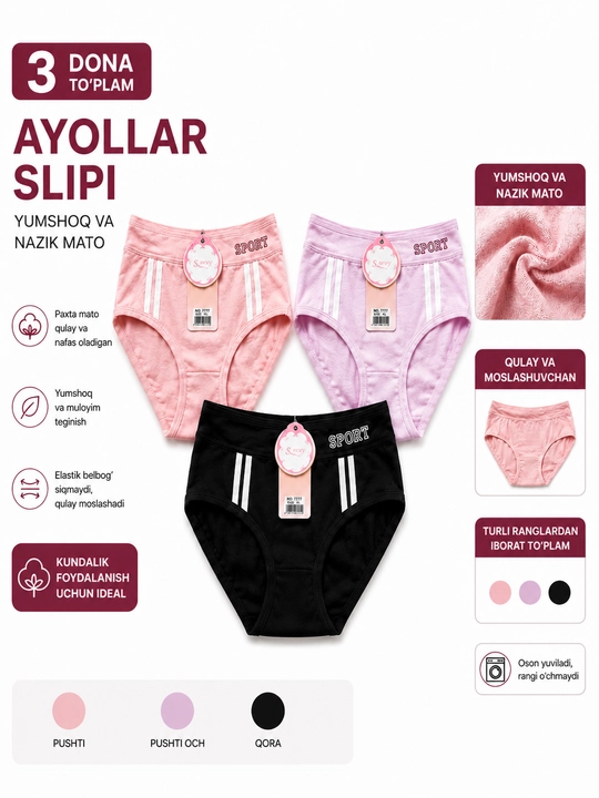 Ayollar uchun paxtali slip ichki kiyim, turli dizayn va ranglarda (3 dona)