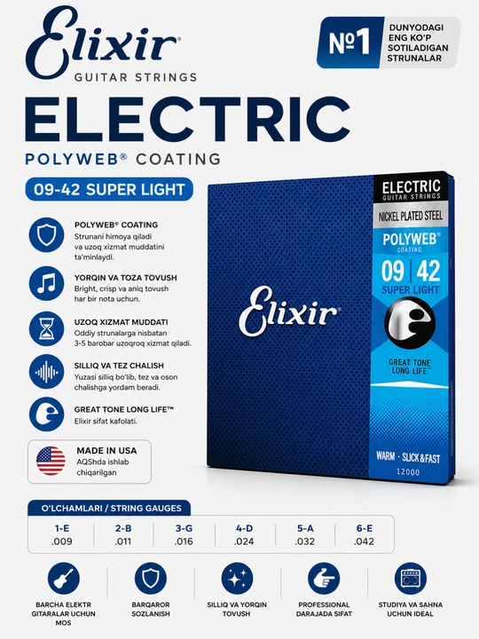 Elektr gitara uchun sim toplam-Elixir 09/42 - 
