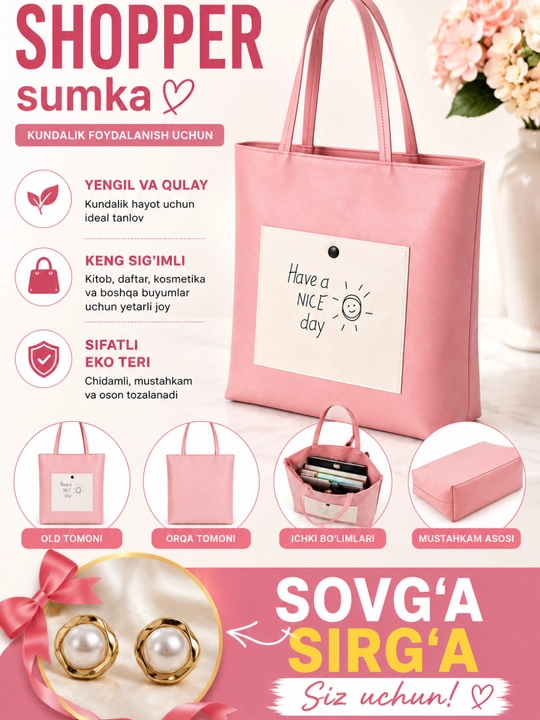 Qizlar uchun shopper sumka koja matoli maktab ish va o'qish uchun ajoyib tanlov - 