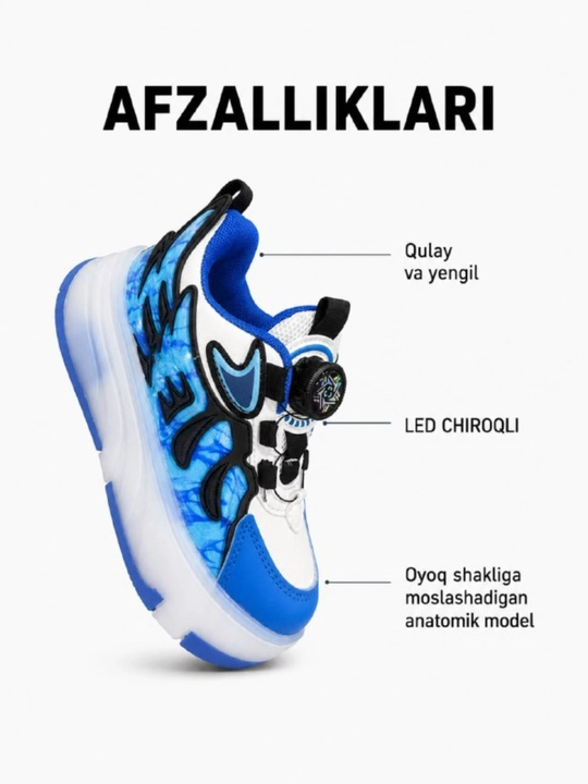 LED yoritgichli va yechiladigan g‘ildirakli rolikli krossovkalar bolalar uchun