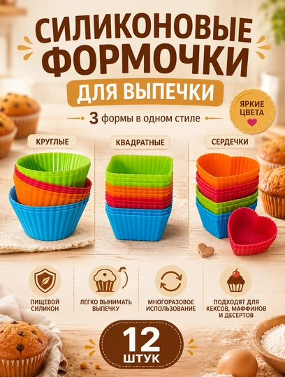 Набор силиконовых формочек для выпечки кексов: сердечки и квадраты, яркие цвета, 12 штук - 