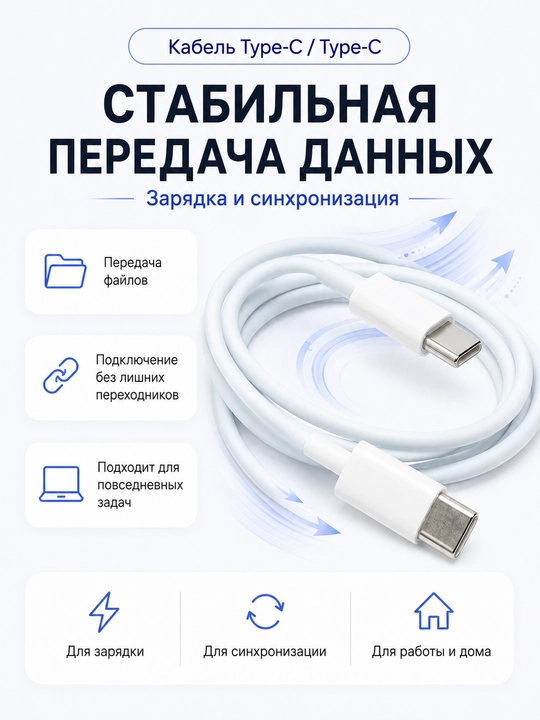 Кabel Type-C - Type-C, tez zaryadlash uchun, Android va iPhone uchun mos, 1 m