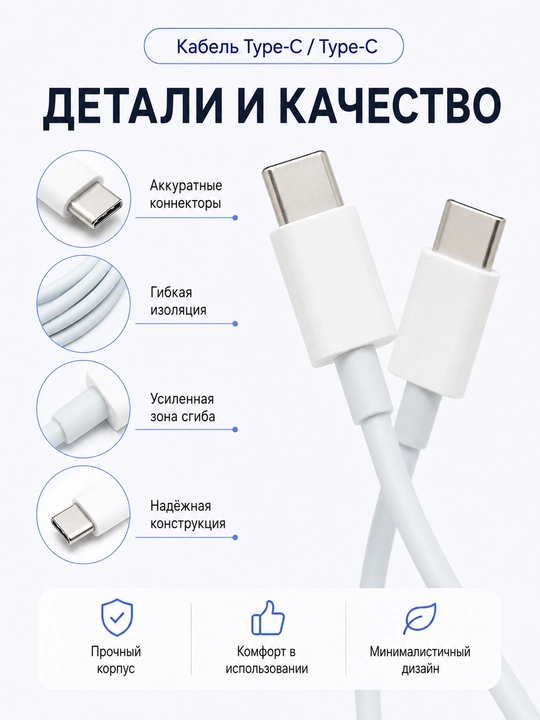 Кabel Type-C - Type-C, tez zaryadlash uchun, Android va iPhone uchun mos, 1 m