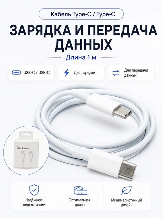 Кabel Type-C - Type-C, tez zaryadlash uchun, Android va iPhone uchun mos, 1 m