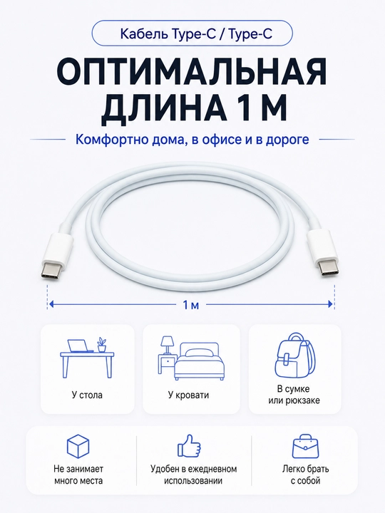 Кabel Type-C - Type-C, tez zaryadlash uchun, Android va iPhone uchun mos, 1 m