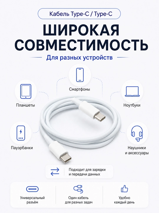 Кabel Type-C - Type-C, tez zaryadlash uchun, Android va iPhone uchun mos, 1 m