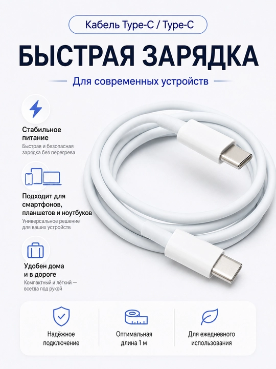 Кabel Type-C - Type-C, tez zaryadlash uchun, Android va iPhone uchun mos, 1 m - 
