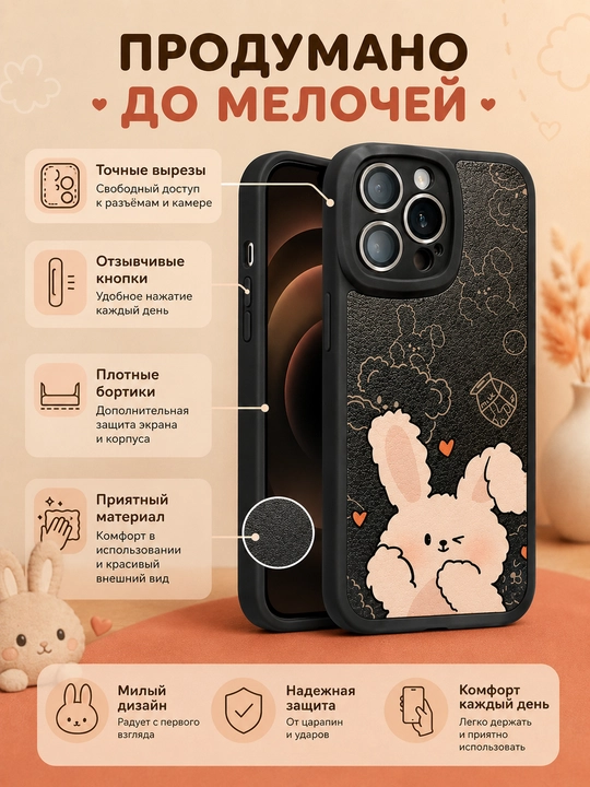 Quyon quchog‘i chexol iPhone 11, 12, 13, 14, 15, 16 Pro, Pro Max uchun, teri teksturali
