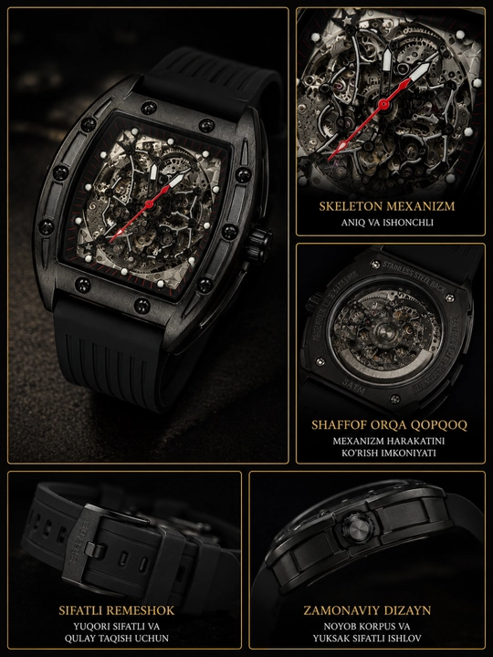 Erkaklar qo'l soati Richard Mille, avtomatik skeleton mexanizm, premium dizayn
