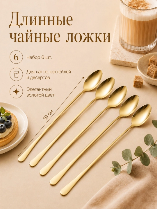 Длинные чайные ложки 19 см, набор 6 шт., для латте, коктейлей, десертов и мороженого - 