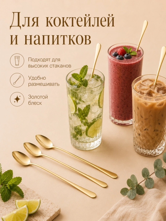 Uzun dastali choy qoshiqlari, 19 sm, 6 dona, latte va desertlar uchun