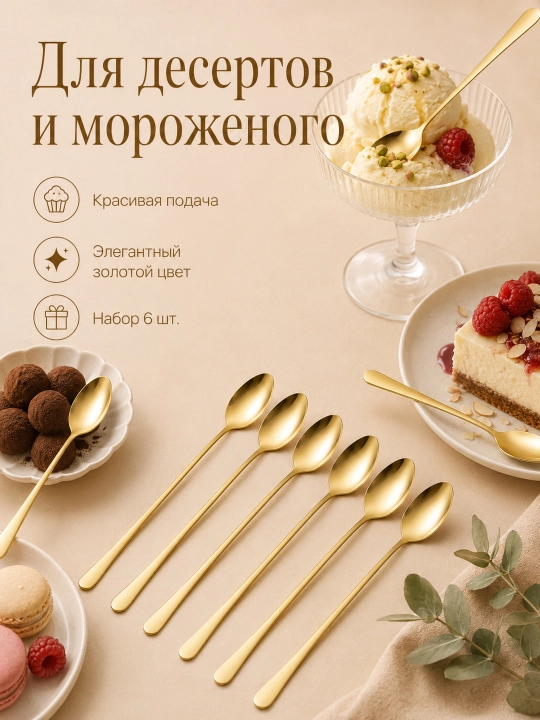 Uzun dastali choy qoshiqlari, 19 sm, 6 dona, latte va desertlar uchun