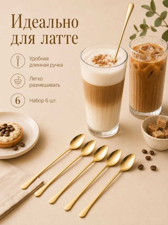 Uzun dastali choy qoshiqlari, 19 sm, 6 dona, latte va desertlar uchun