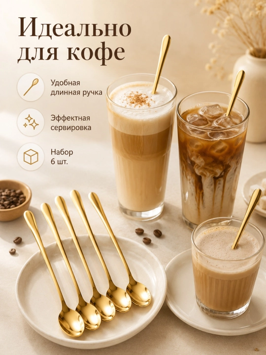 Uzun dastali choy qoshiqlari, 19 sm, 6 dona, latte va desertlar uchun