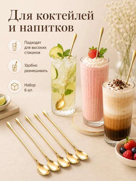 Uzun dastali choy qoshiqlari, 19 sm, 6 dona, latte va desertlar uchun