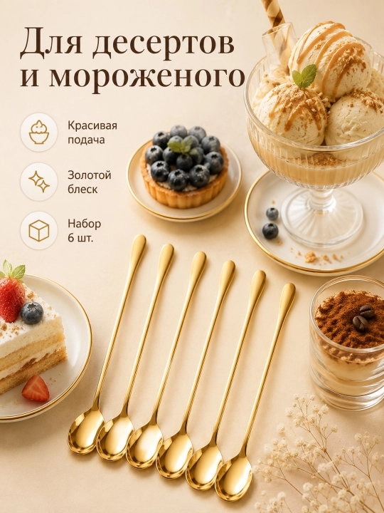 Uzun dastali choy qoshiqlari, 19 sm, 6 dona, latte va desertlar uchun