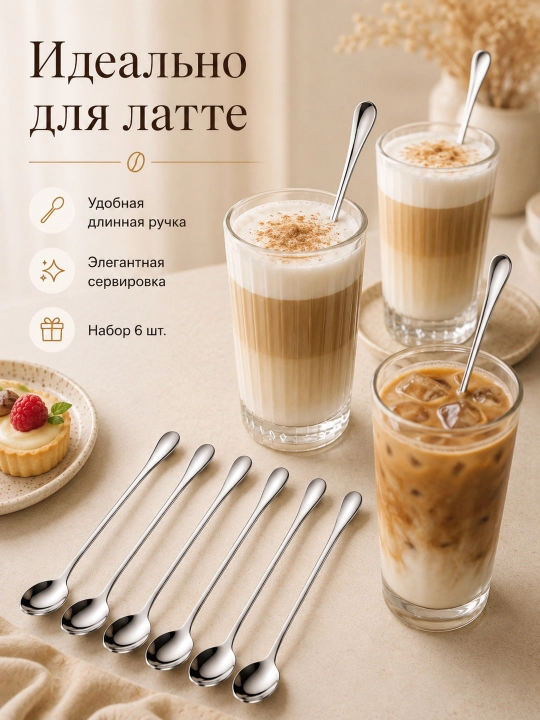 Uzun dastali choy qoshiqlari, 19 sm, 6 dona, latte va desertlar uchun