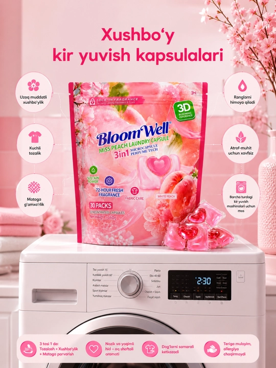 Kir yuvish kapsulalari, 3 tasi 1 da, xushbo‘y hidli, allergiya chaqirmaydi - 
