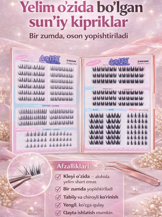 O‘zida yelimli sun’iy kipriklar, 8 xil mix to‘plam, qayta ishlatiladigan, tabiiy effekt