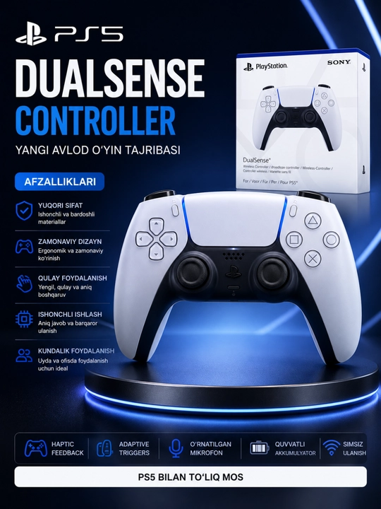 Bluetooth, tebranish va premium dizaynli PS5 DualSense simsiz kontrolleri - 