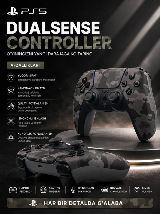 Bluetooth, tebranish va premium dizaynli PS5 DualSense simsiz kontrolleri - 