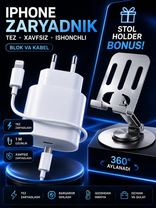 IPhone uchun zaryadlash qurilmasi, tez zaryadlovchi 35 Vt, Type-Cdan Lightning kabel bilan - 