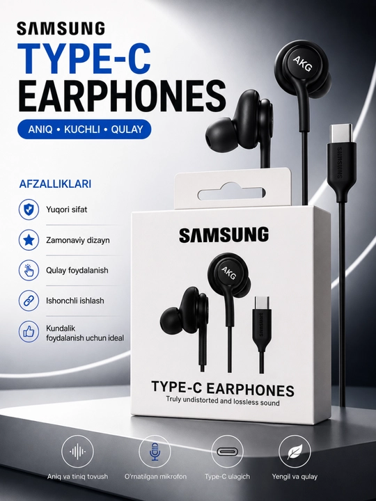 Samsung AKG Type-C simli quloqchinlari Hi-Fi stereo ovozi va shovqinni kamaytirish bilan - 