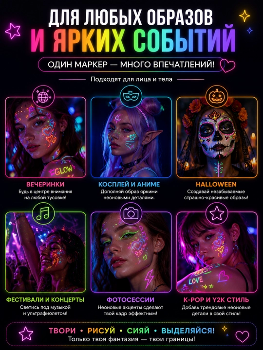 Неоновые UV-маркеры для лица и тела, 6 двусторонних, 12 цветов, светятся под УФ
