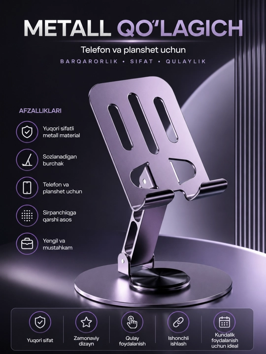 Premium telefon va planshet uchun universal yig‘iladigan metall taglik - 