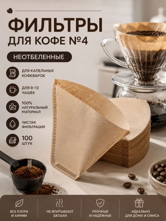 Фильтры для кофе №4 и V02, неотбелённые, 100 шт - 
