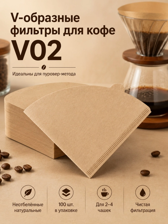 Фильтры для кофе №4 и V02, неотбелённые, 100 шт - 