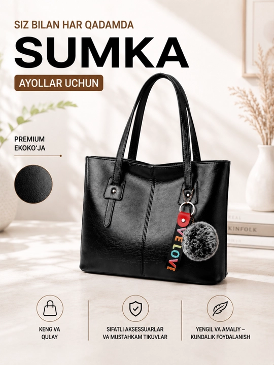 Sumka ayollar uchun, shopper, yelkama, sig'imli, maktab va o‘qish uchun A4, ekocharm - 