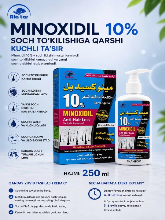 Minoxidil 10% soch to'kilishiga qarshi shampun, 250 ml - 