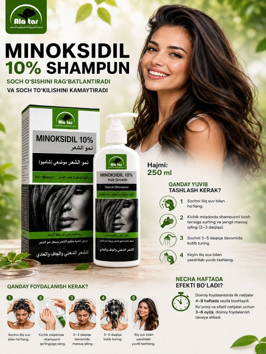 Minoxidil 10% soch to'kilishiga qarshi shampun, 250 ml - 