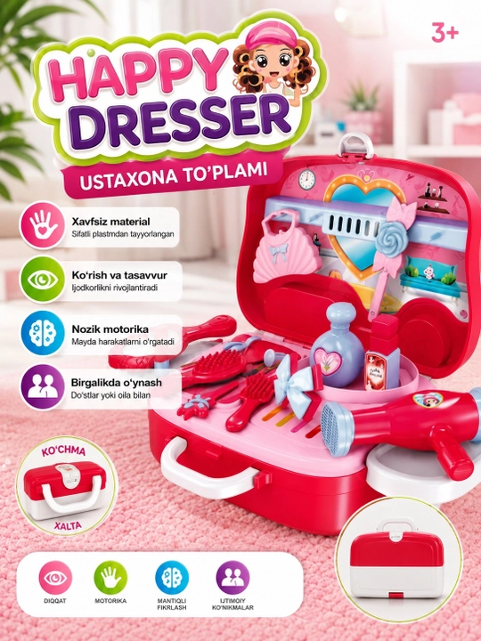 Bolalar uchun sartarosh va pardoz o‘yinchoq to‘plami, chamadonli beauty salon set, 3+ - 
