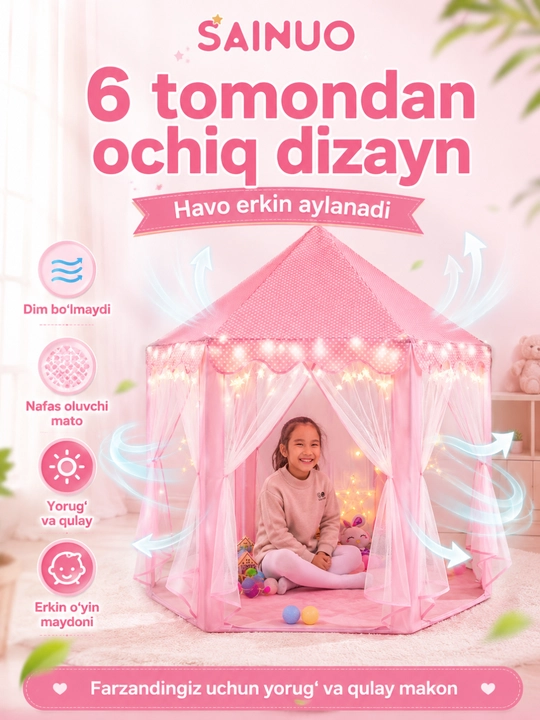 SAINUO bolalar uchun o‘yin chodiri, 6 tomoni ochiladigan, chiroqchalar to‘plamda
