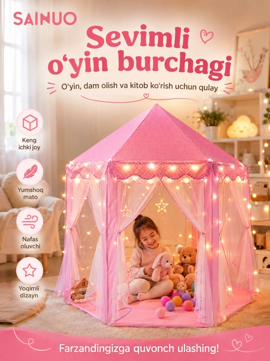 SAINUO bolalar uchun o‘yin chodiri, 6 tomoni ochiladigan, chiroqchalar to‘plamda
